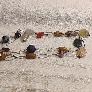 Silver Tone Long Stone Multi Color Necklace